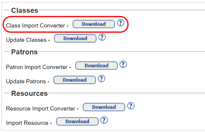 Class Import Converter Download button circled. 