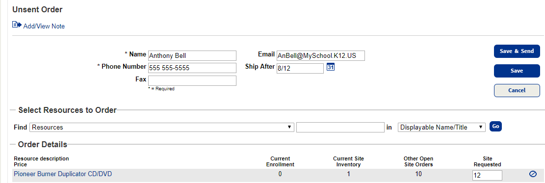 Unsent Order page.